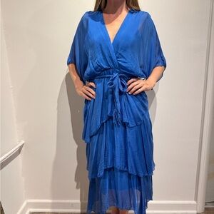 Silk Vibrant Blue Tiered Wrap Maxi Dress